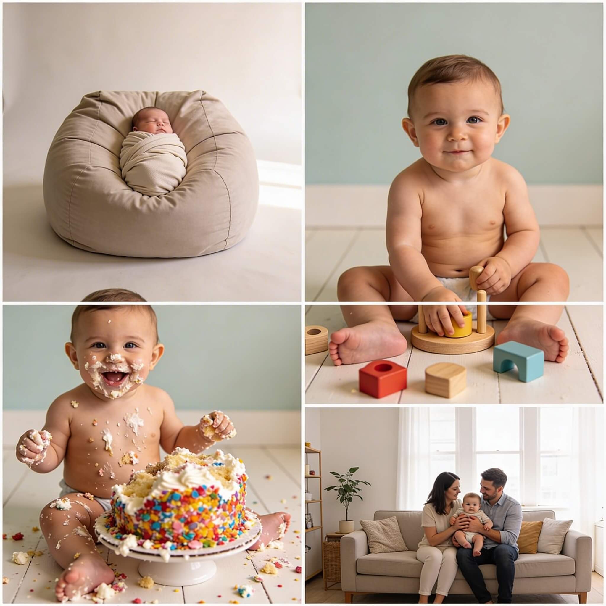 Montage de cinq types de séances photo bébé en France : posing nouveau-né sur fond beige, bébé de 6 mois assis sur une couverture, smash the cake avec gâteau coloré, séance famille en extérieur et portrait bébé identité fond blanc