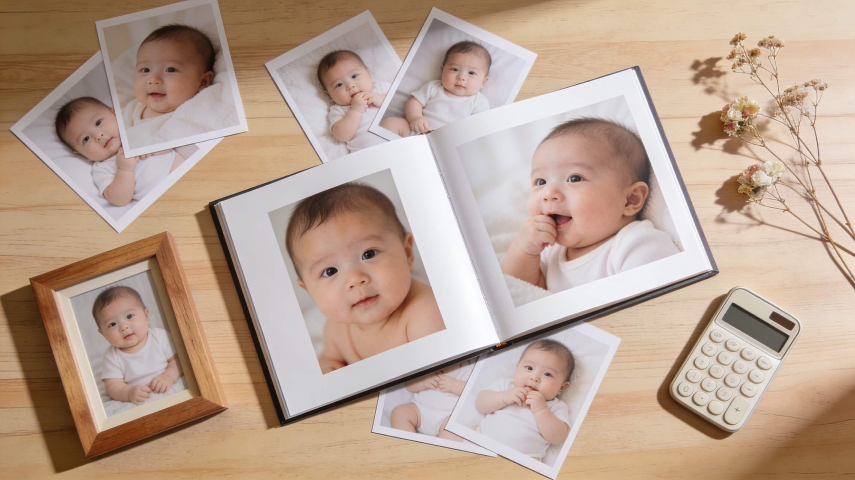 Album photo bébé ouvert sur une table en bois naturel, tirages disposés autour, enveloppe avec facture visible, illustrant le budget à prévoir pour une séance photo bébé en France