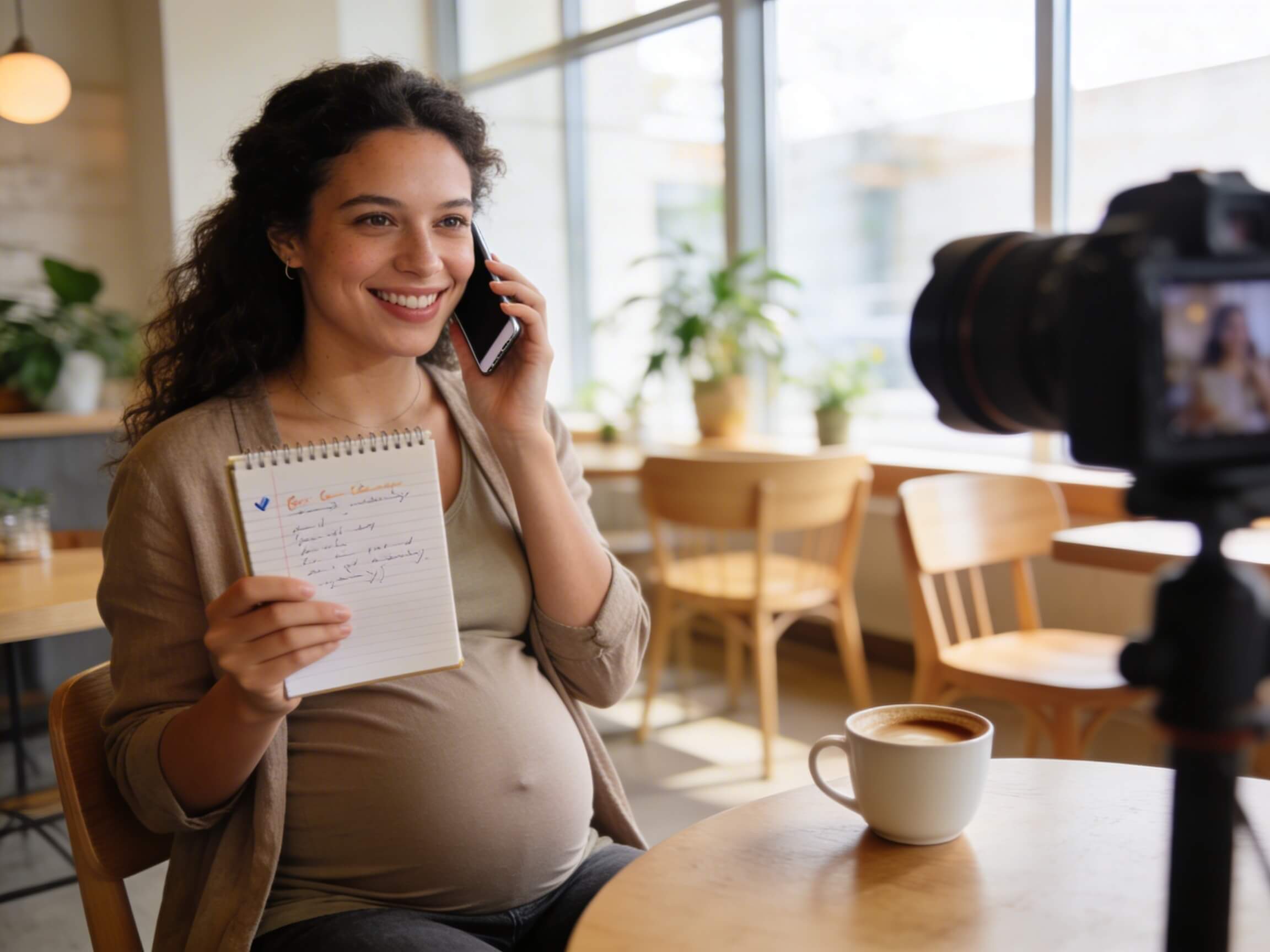 Femme enceinte souriante au téléphone, carnet ouvert avec liste de questions à poser au photographe bébé, fenêtre lumineuse en arrière-plan