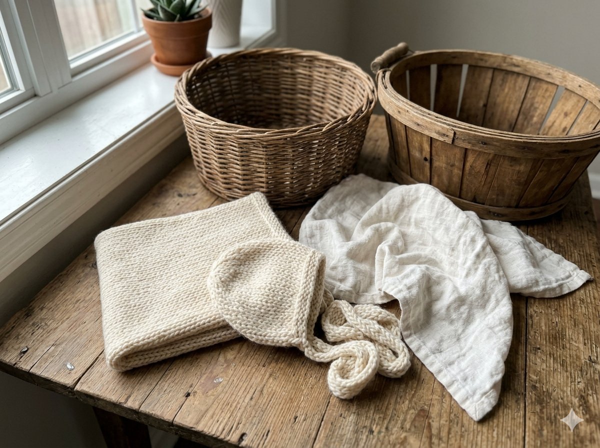 Accessoires de shooting photo nouveau-né posés naturellement : wrap en mousseline beige, bonnet tricoté ivoire et petit panier en osier sur surface en bois