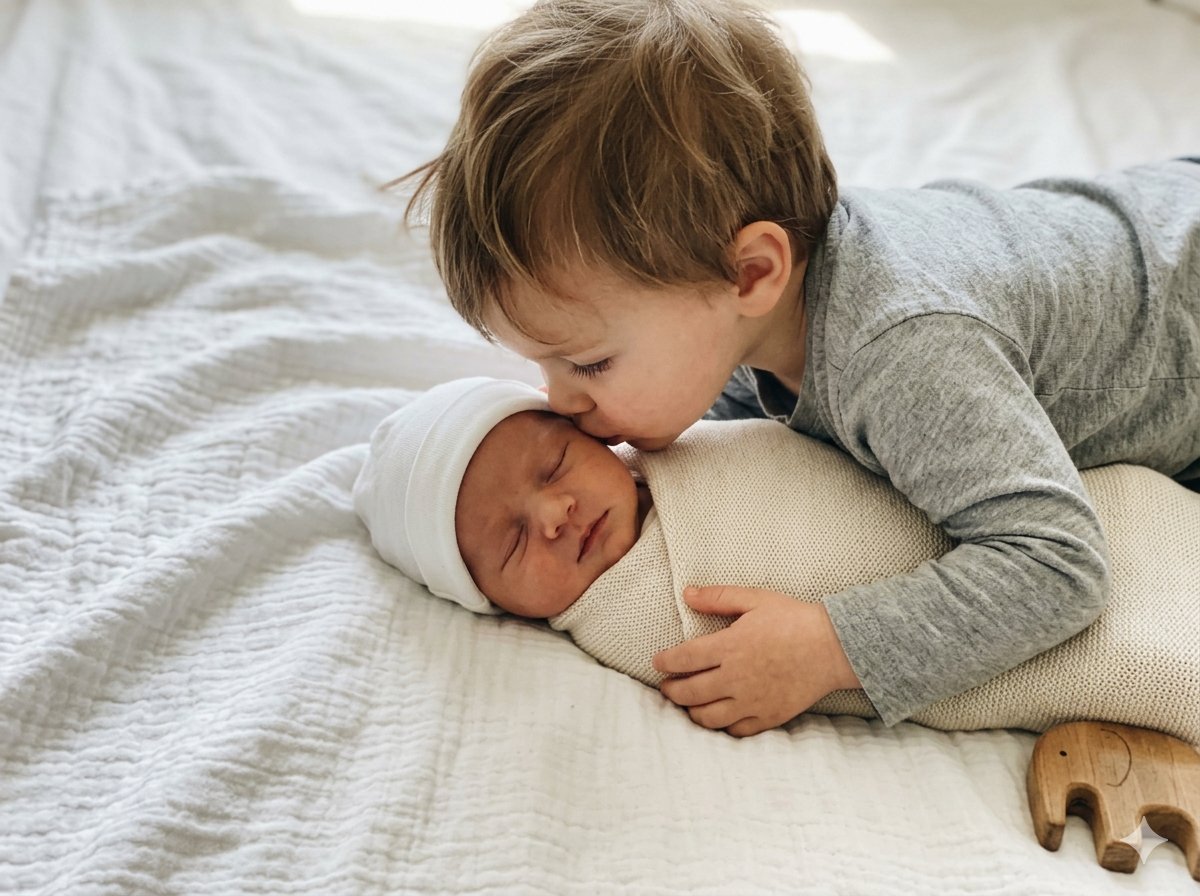 Enfant en bas âge posant un bisou tendre sur le front de son petit frère nouveau-né, allongés sur une couverture douce