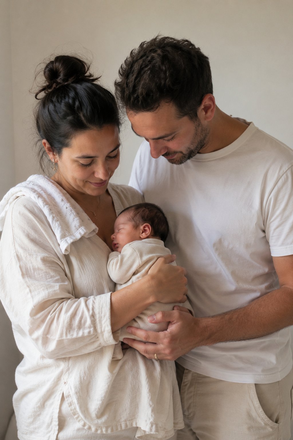Parents en tenues sobres coordonnées tenant leur nouveau-né dans leurs bras, lumière naturelle de côté