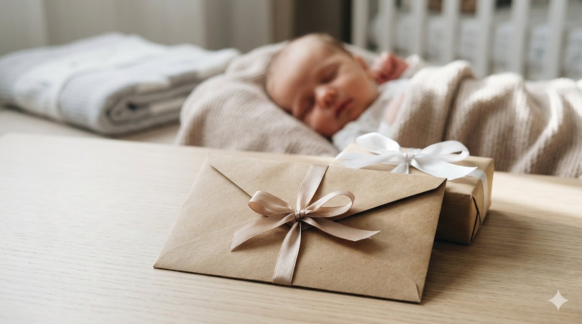 Bon cadeau shooting photo bébé présenté dans une enveloppe kraft avec ruban, idée cadeau de naissance original en France