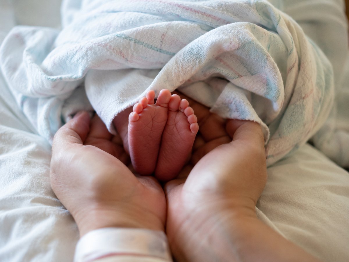 Gros plan sur les mains minuscules d'un nouveau-né posées dans la paume d'un parent à la maternité, lumière naturelle douce et latérale