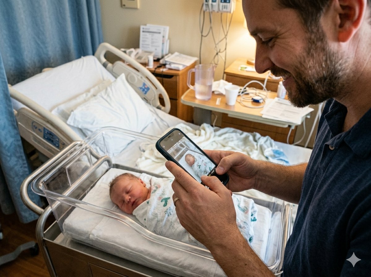 Photographe de naissance discret en chambre de maternité, capturant les premiers instants sans interférer avec la famille, lumière naturelle