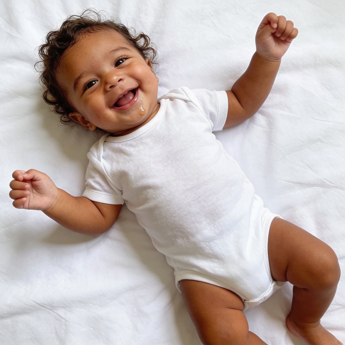 Bébé de 2 à 3 mois allongé, grand sourire éveillé et regard direct vers l'objectif