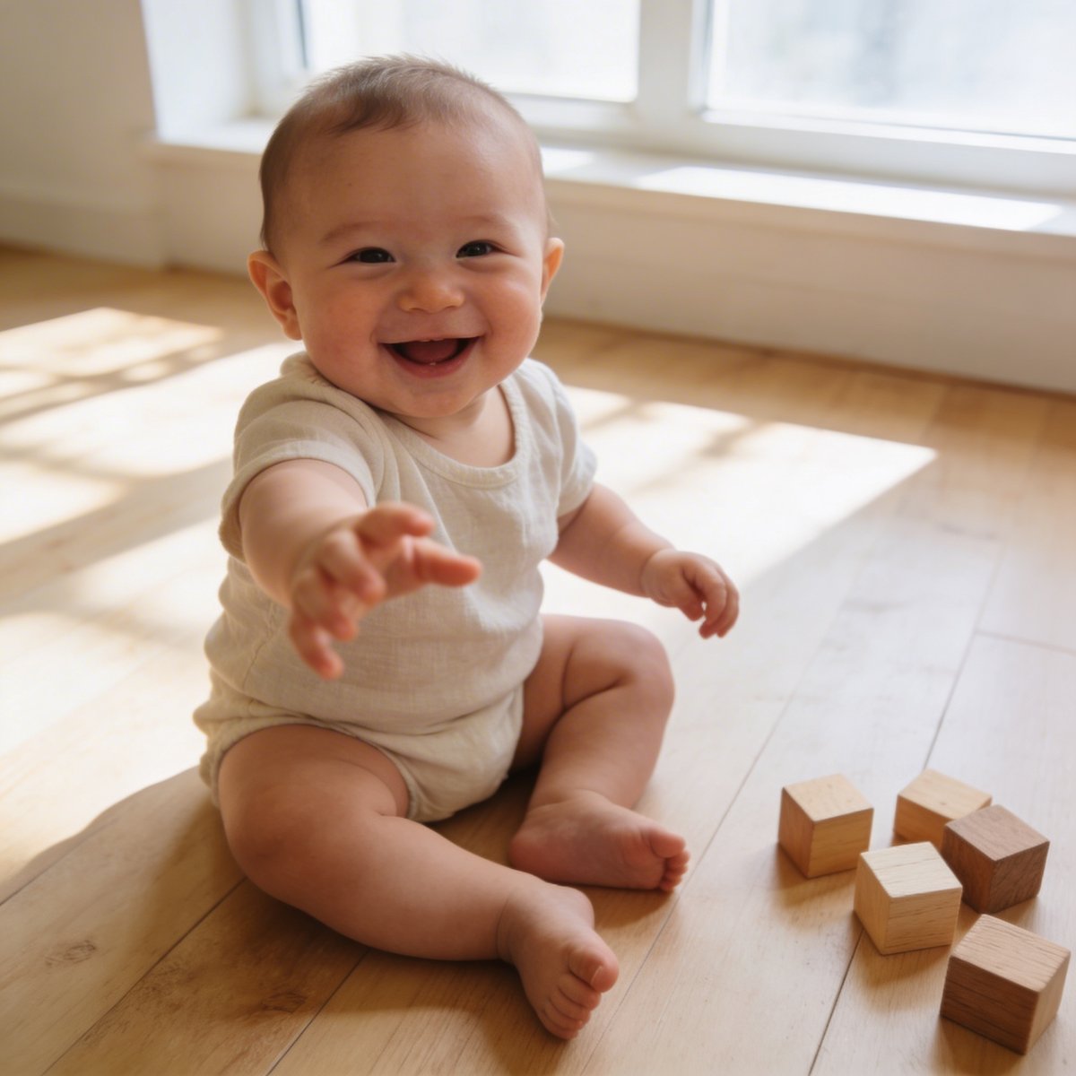Bébé de 6 à 8 mois assis seul, grand sourire et regard espiègle, lors d'un shooting photo professionnel