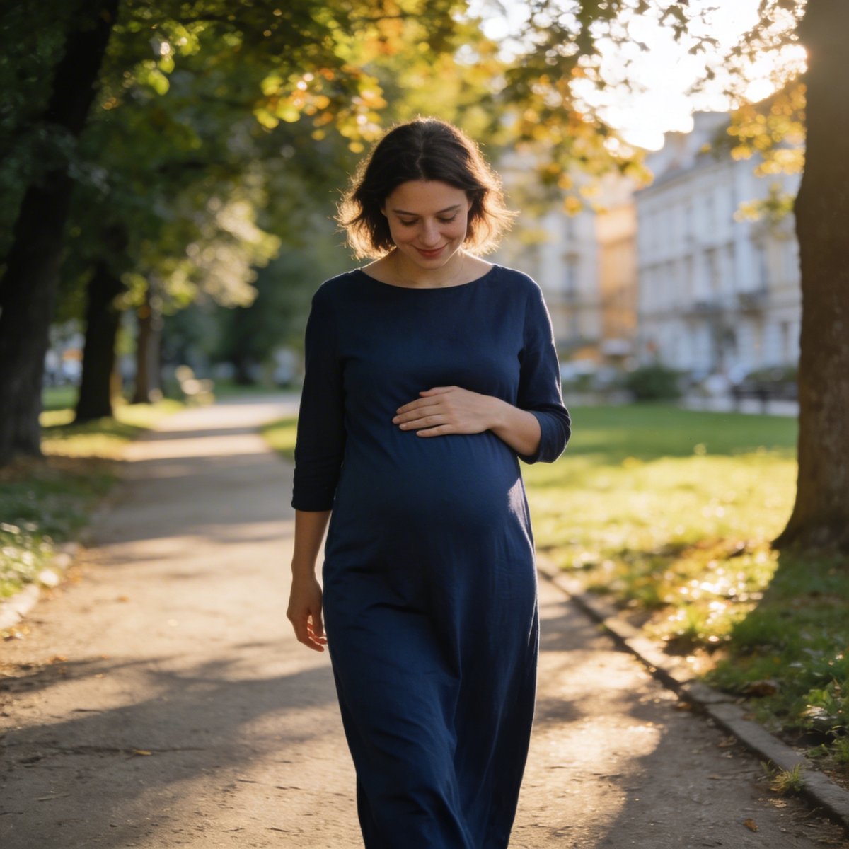 Femme enceinte en promenade dans un parc verdoyant