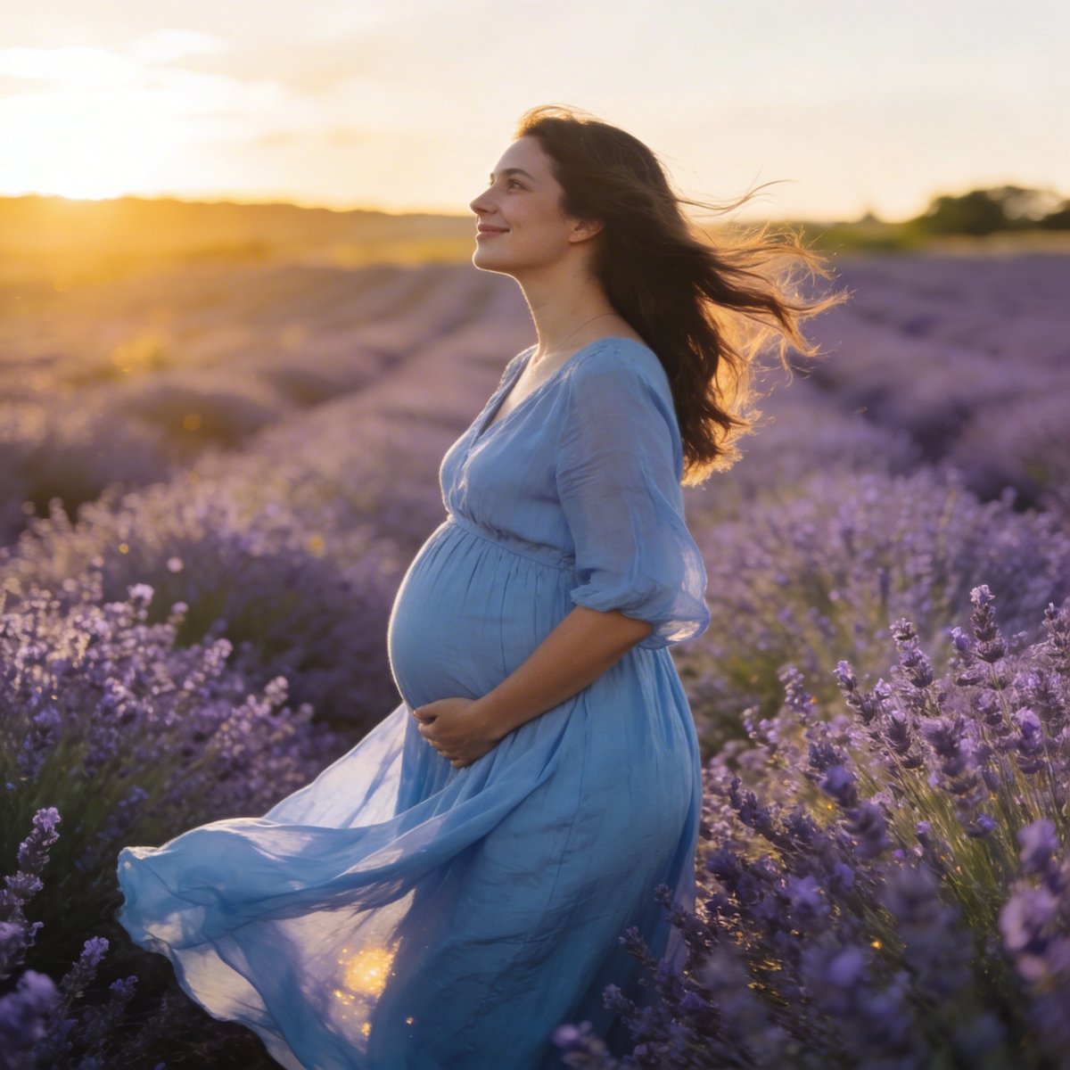 Femme enceinte dans un champ de lavande au coucher du soleil