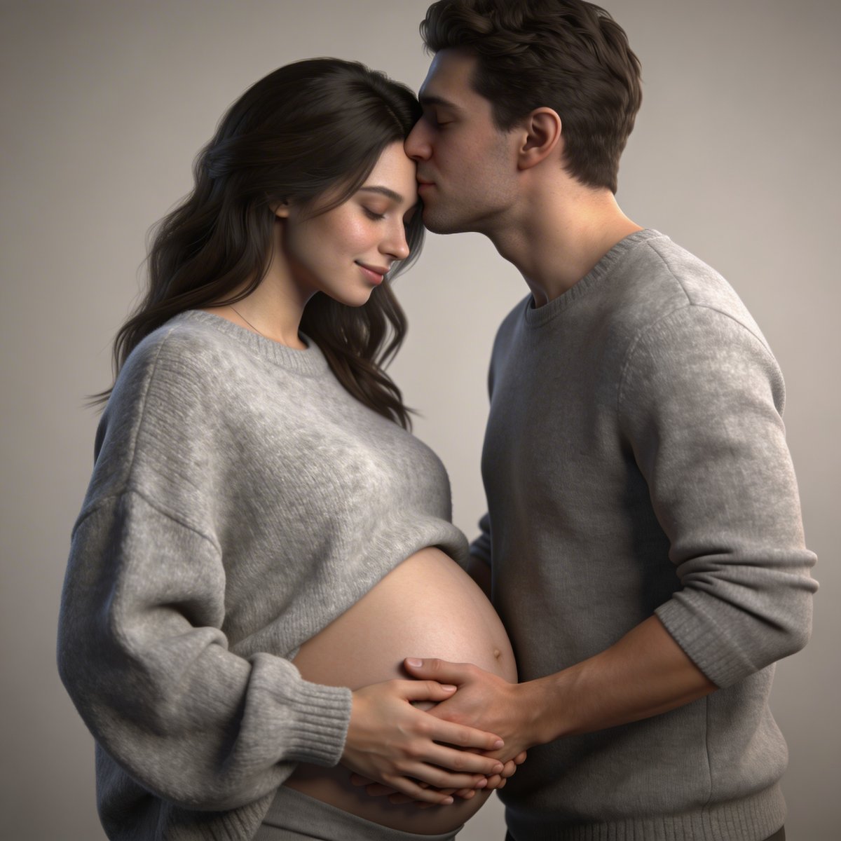 Différentes poses utilisées pendant un shooting photo grossesse : profil, mains sur ventre, couple enlacé