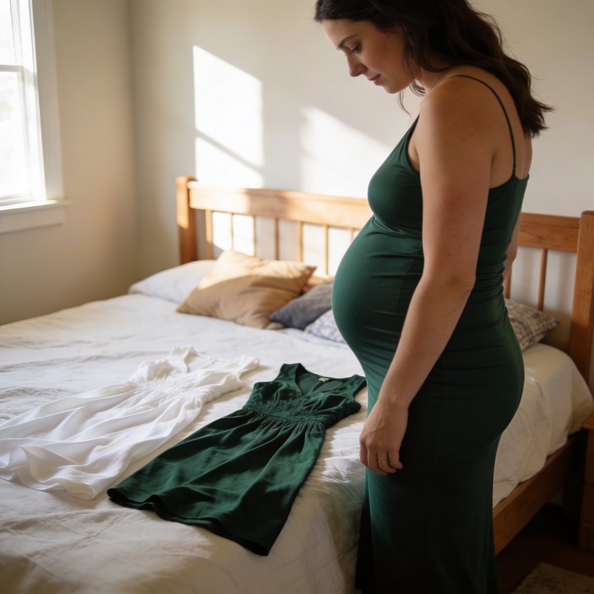 Future maman préparant sa garde-robe et ses accessoires pour son shooting grossesse en France