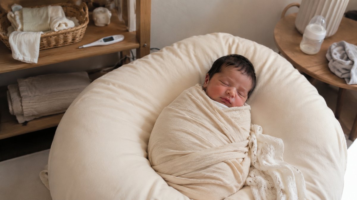 Nouveau-né emmailloté dans un lange crème, photographié en lumière naturelle lors d'une séance photo newborn en France