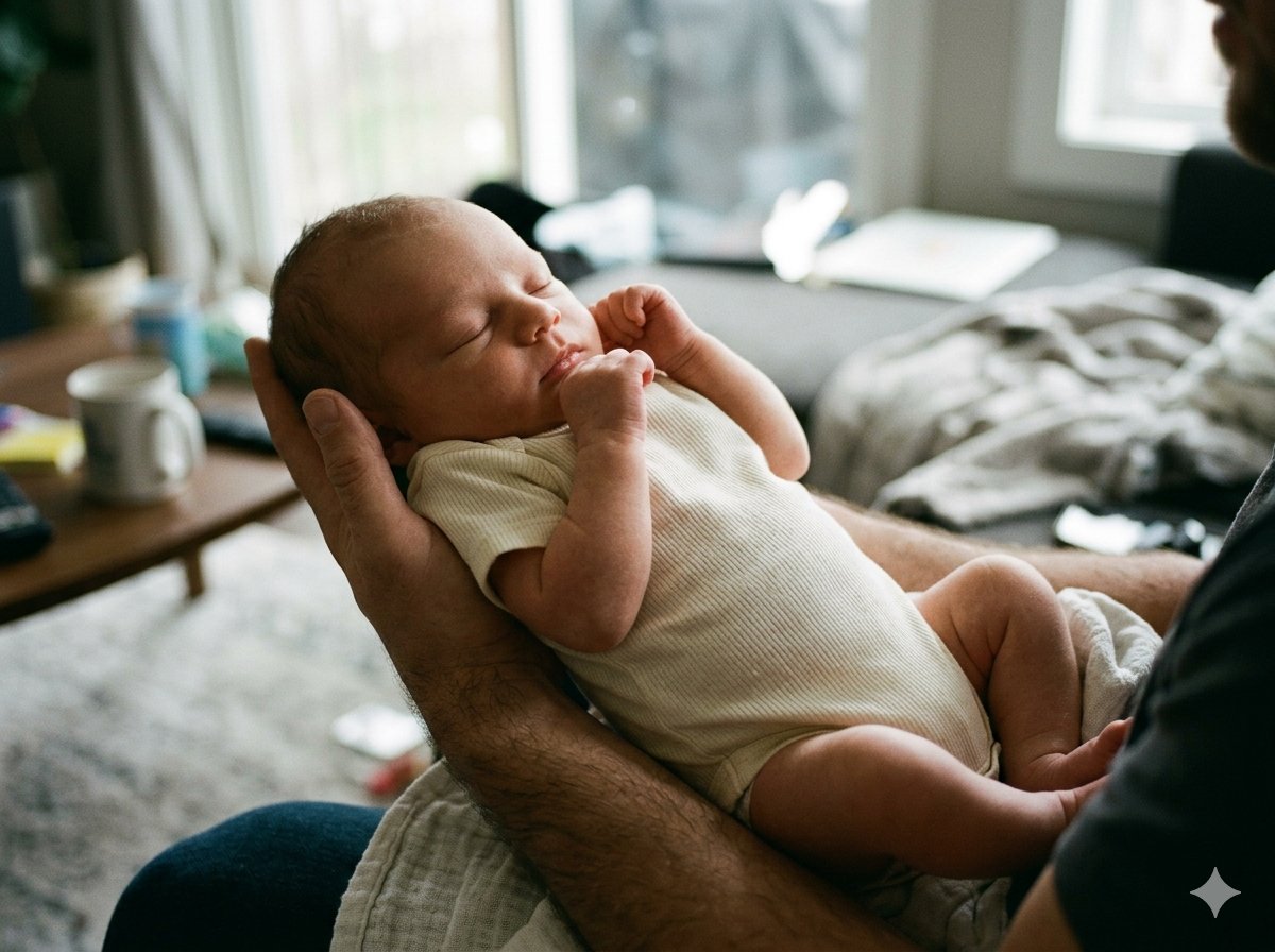 Parents souriants tenant leur nouveau-né dans les bras lors d'une séance photo newborn en studio en France