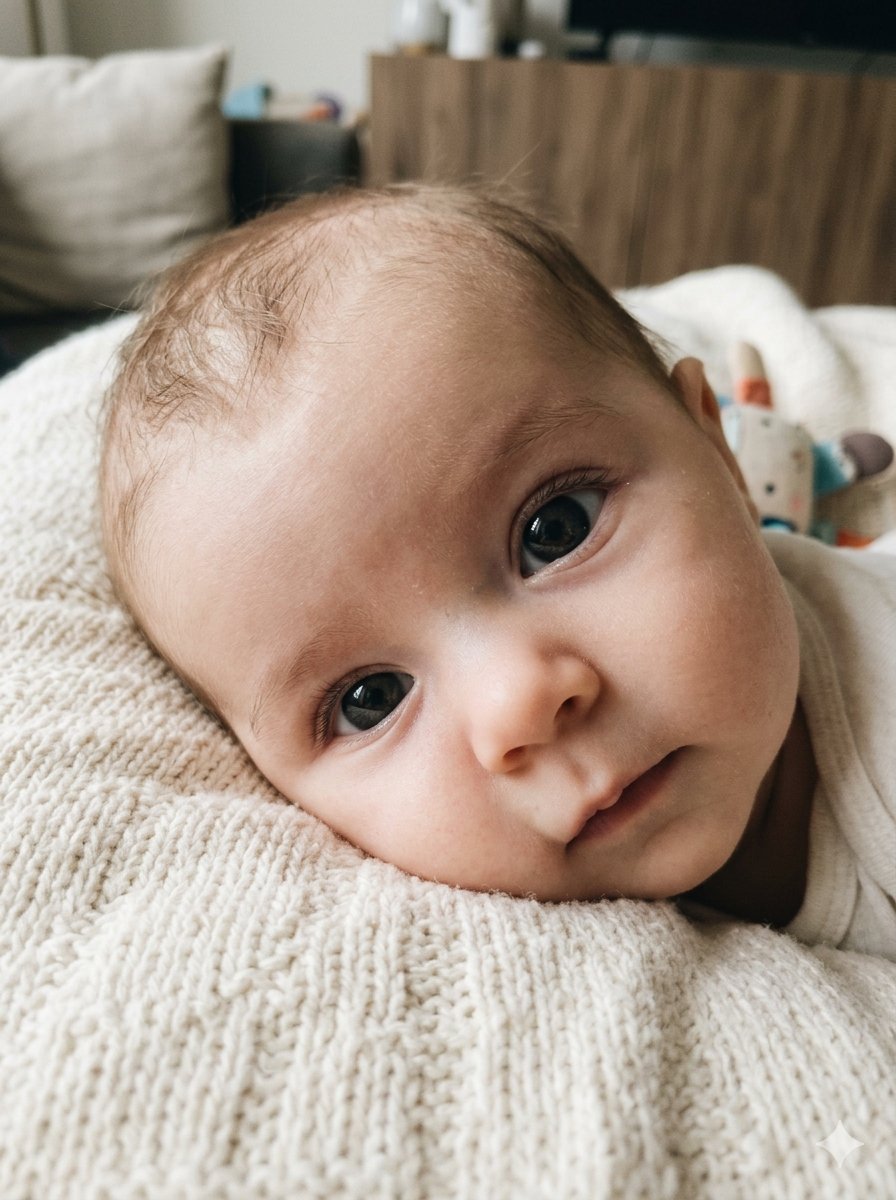 Bébé de 3 mois soulevant la tête pendant un tummy time, regard espiègle vers l'objectif