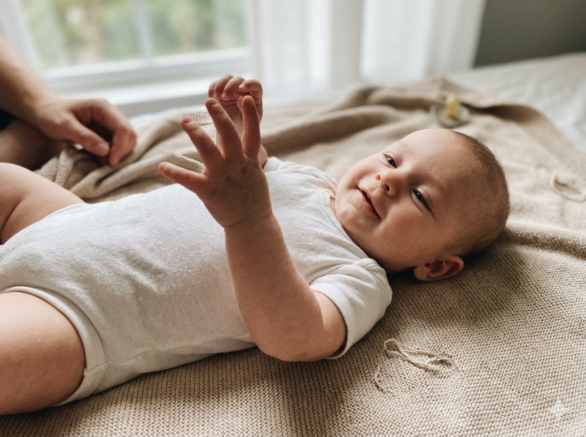 Bébé de 3 mois aux yeux grands ouverts, souriant face à l'objectif dans un studio à lumière naturelle